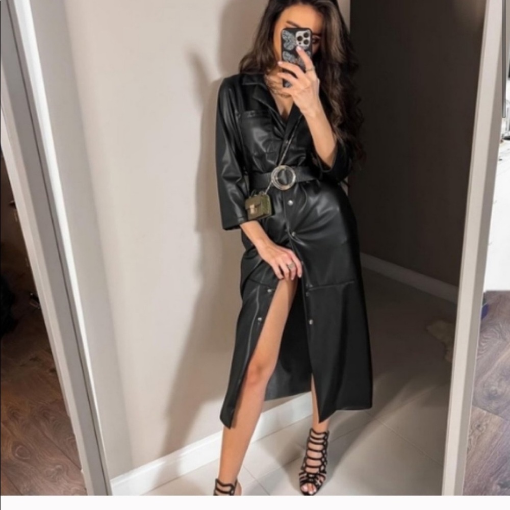 Zara Black Faux Leather Midi Shirt Dress